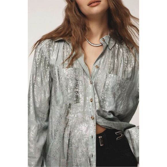 Anthropologie Tops - NWT Anthropologie Pilcro Foil Shine Buttondown Shirt Oversized XXS